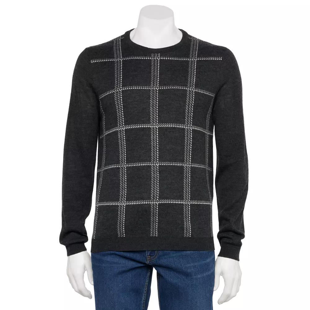 Men's Apt. 9® Merino Wool Plaid Crewneck Sweater, Size: Small, Grey Plaid Product Image