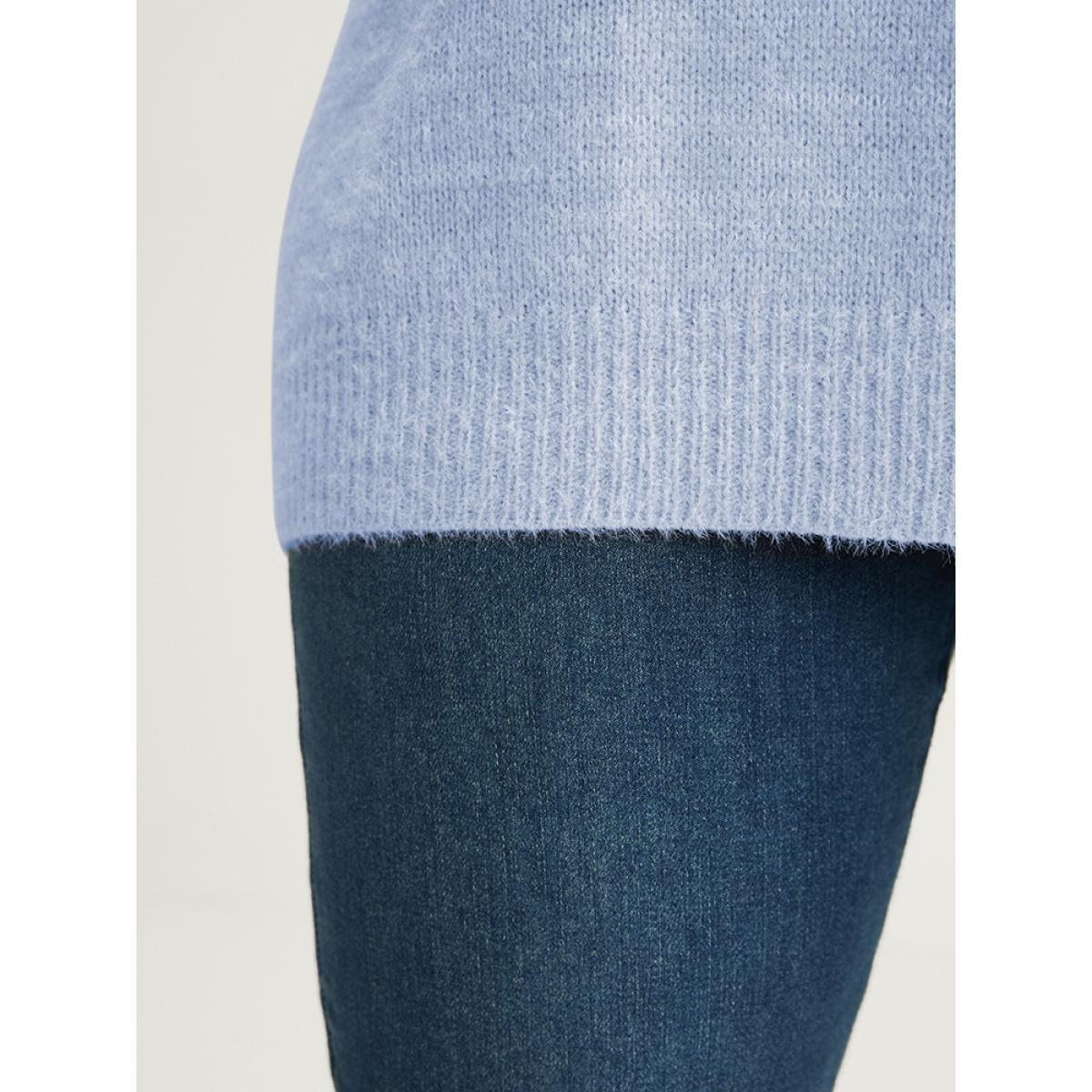 Plus Size Colorblock Contrast Super Soft Plush Knit V Neck Pullover LightBlue Women Elegant Loose Long Sleeve V-neck Dailywear Pullovers BloomChic 10/M Product Image