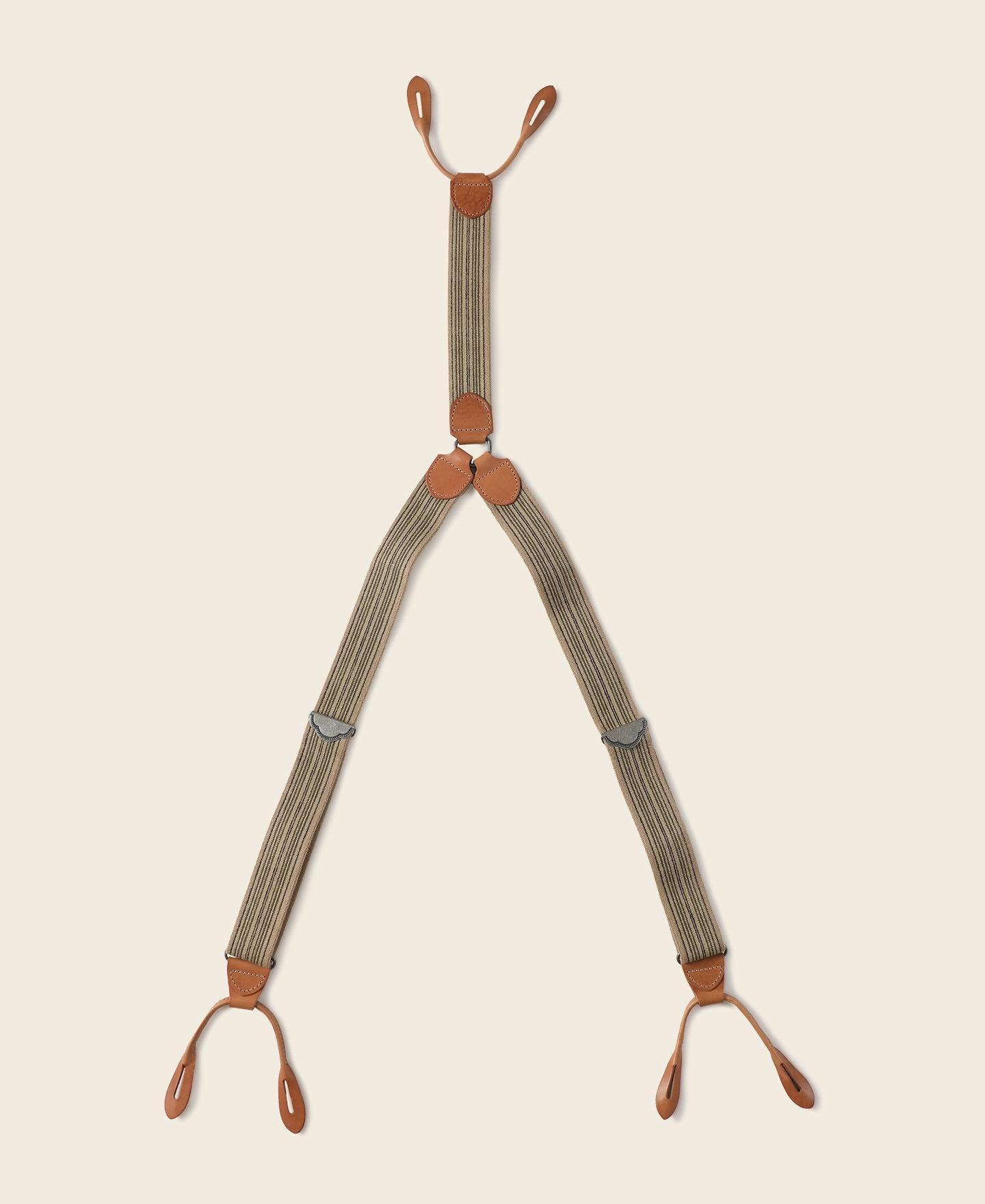 Old-Time Y-Back Leather Button Suspenders - Khaki Stripe Product Image