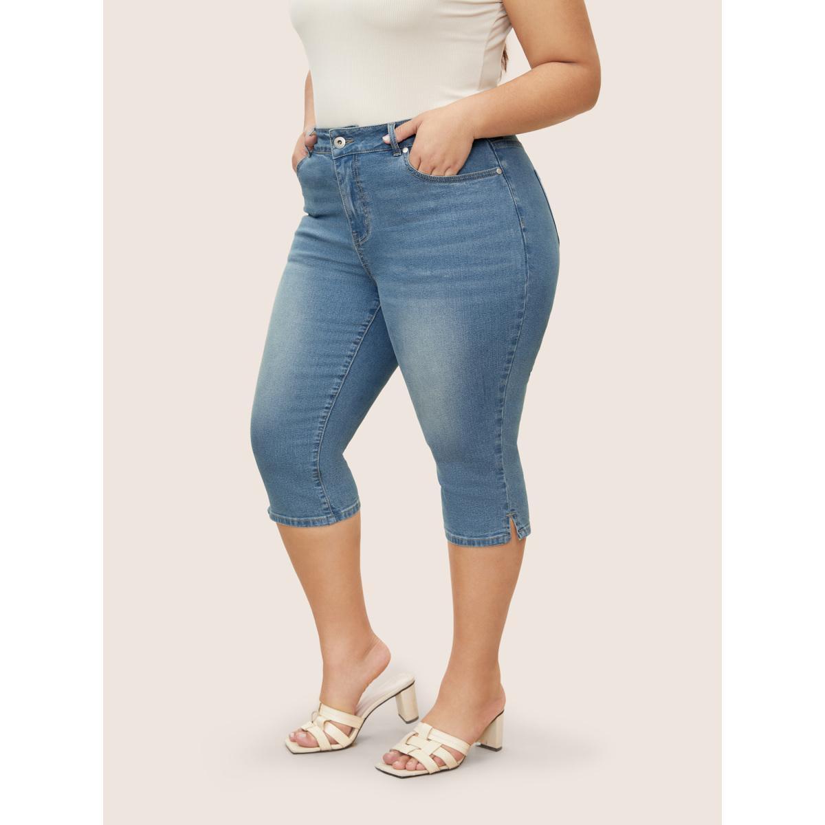 Plus Size Light Wash Slit Side Pull On Jegging Jeans Women LightBlue Casual Button High stretch Slanted pocket Jeans BloomChic 18/2X Product Image