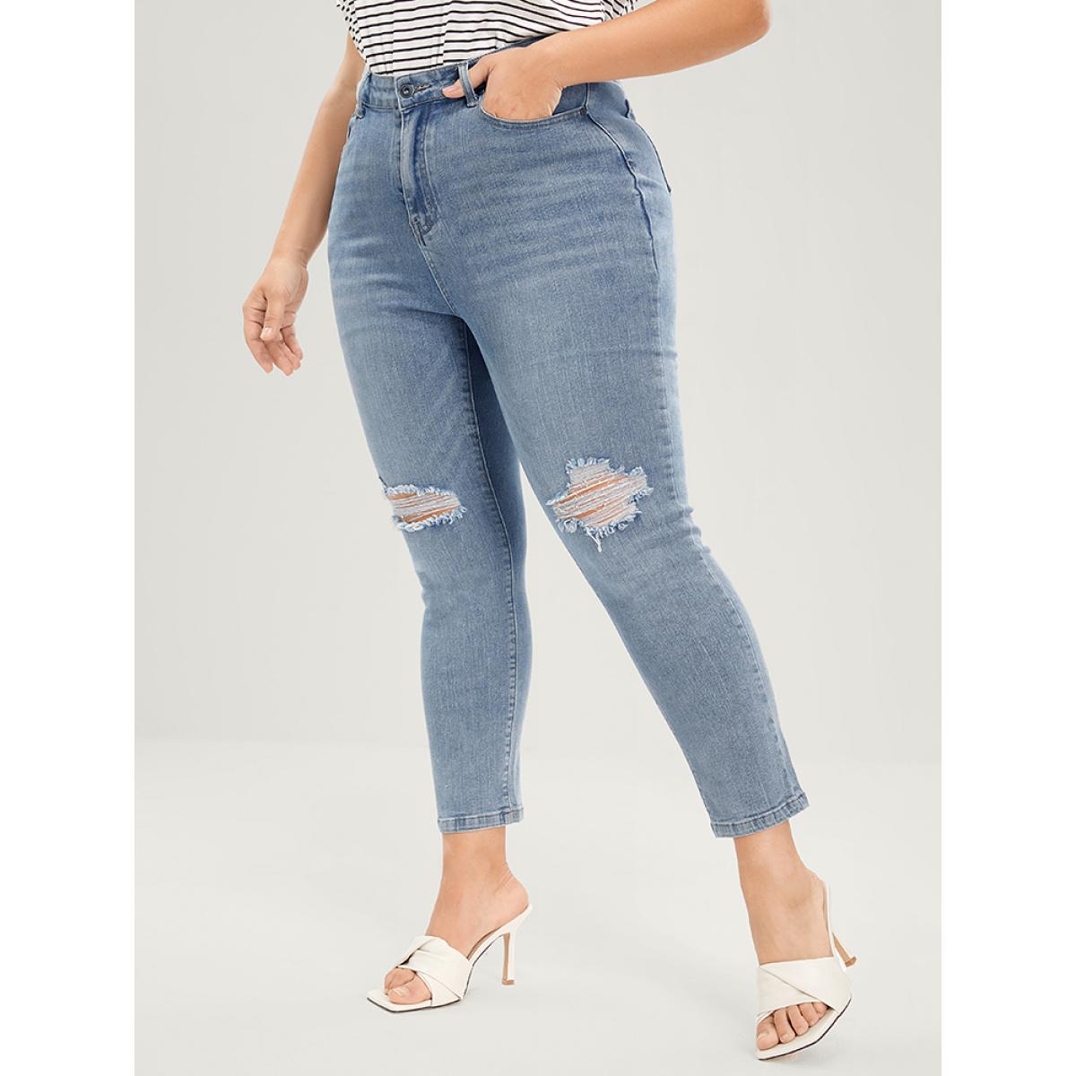 Plus Size Skinny Very Stretchy Mid Rise Light Wash Distressed Jeans Women Blue Casual Plain Distressed High stretch Pocket Jeans BloomChic 28/5X Product Image