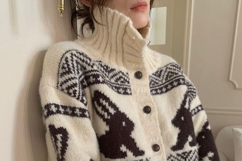 Stand Collar Rabbit Jacquard Button-Up Crop Cardigan Product Image