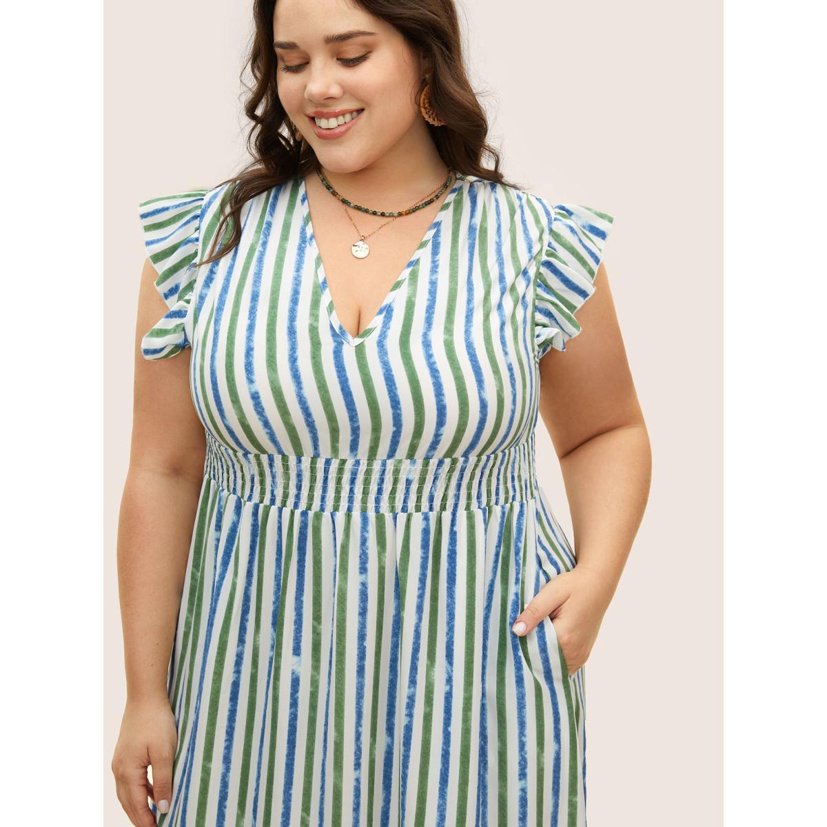 Plus Size Striped Ruffle Cap Sleeve Shirred Dress Mediumblue Women Resort Shirred V-neck Cap Sleeve Curvy BloomChic 12/L Product Image