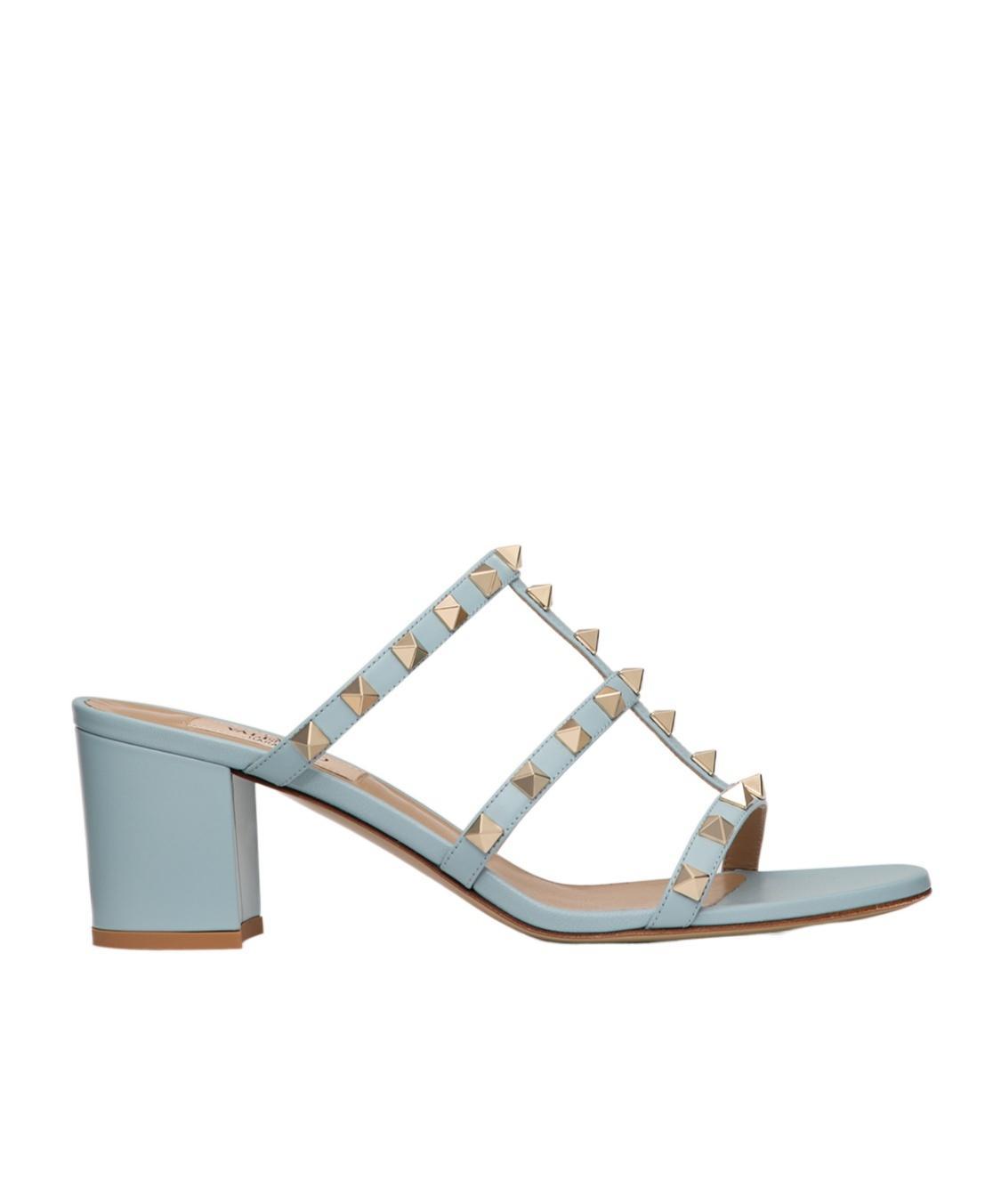 VALENTINO GARAVANI Rockstud Calfskin Leather Slide Sandal 60 Mm Woman Azure 41 Product Image