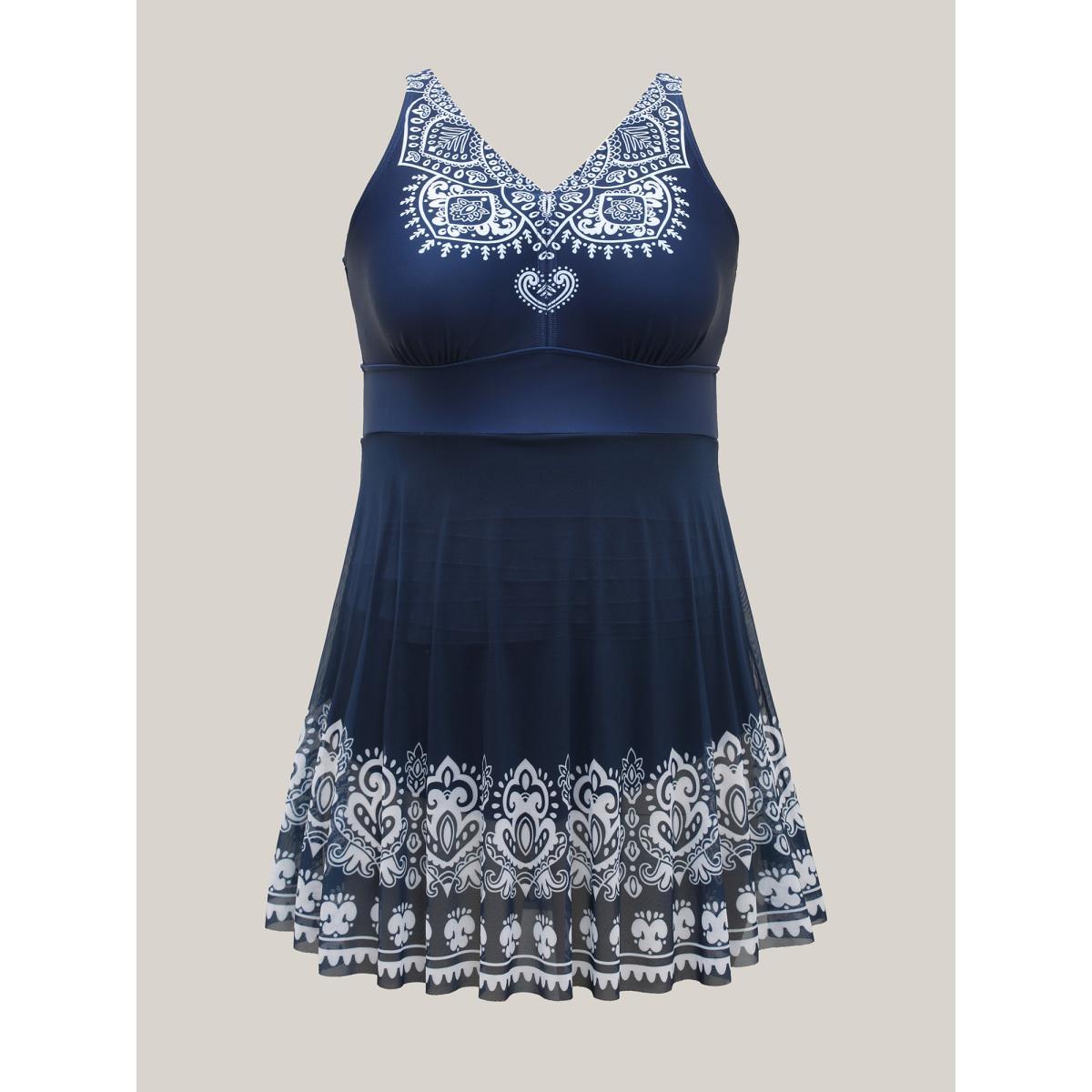 Plus Size Boho Print Mesh V-Neck Swim Dress Women's Swimwear Indigo Beach Bodycon V-neck High stretch Curve Swim Dresses BloomChic 18-20/2X Product Image