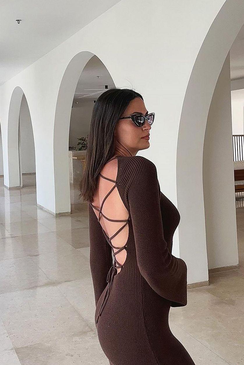 Open Back Lace Detail Knitted Maxi Dress Beige Product Image