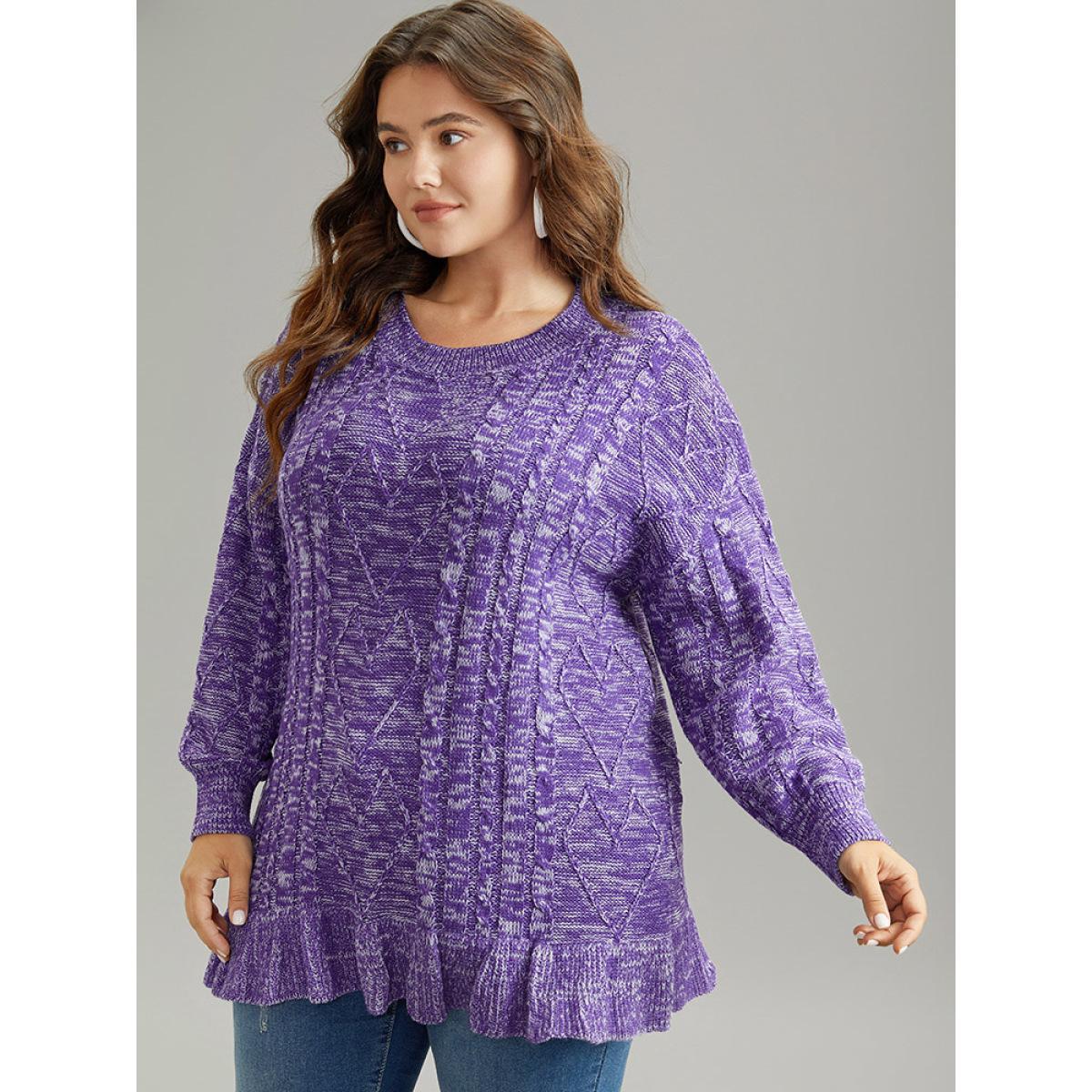 Plus Size Heather Flutter Hem Cable Knit Pullover BlueViolet Women Casual Loose Long Sleeve Round Neck Dailywear Pullovers BloomChic 10/M Product Image