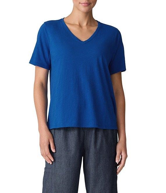 Eileen Fisher Easy Organic Cotton Jersey Knit V-Neck Short Sleeve Tee Shirt Product Image