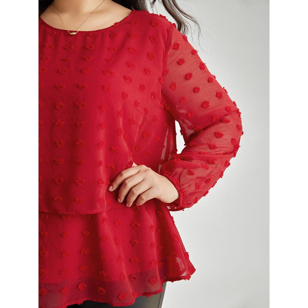 Plus Size Scarlet Solid Textured Lantern Sleeve Tiered Hem Blouse Women Elegant Long Sleeve Round Neck Everyday Blouses BloomChic 10/M Product Image