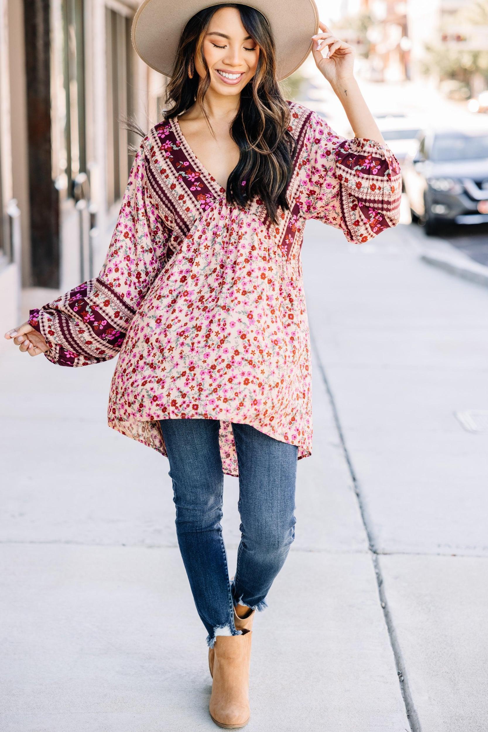 Searching For Joy Wine Red Mixed Print Tunic Female Product Image