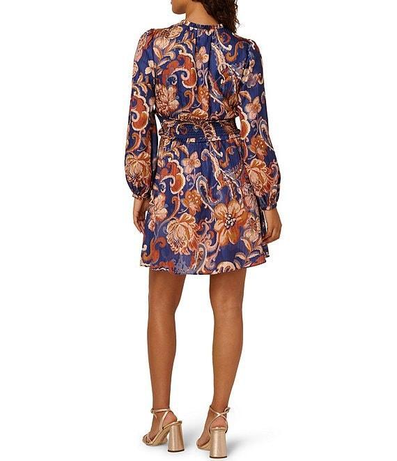 Adrianna Papell Long Sleeve V-Neck Large Paisley Pattern Mini Dress Product Image