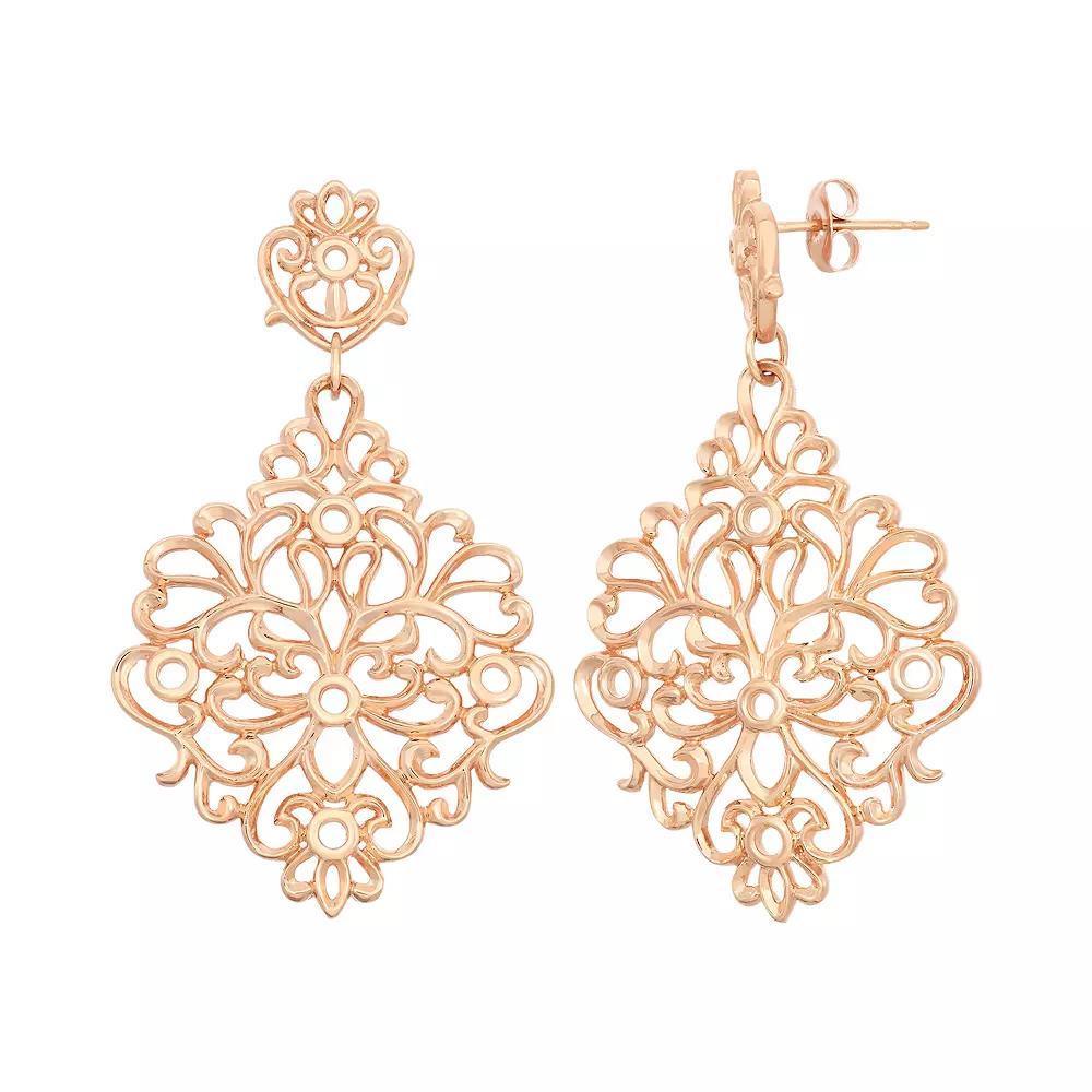 18k Rose Gold Over Silver Floral Filigree Drop Earrings, Women's, Pink Tone Product Image