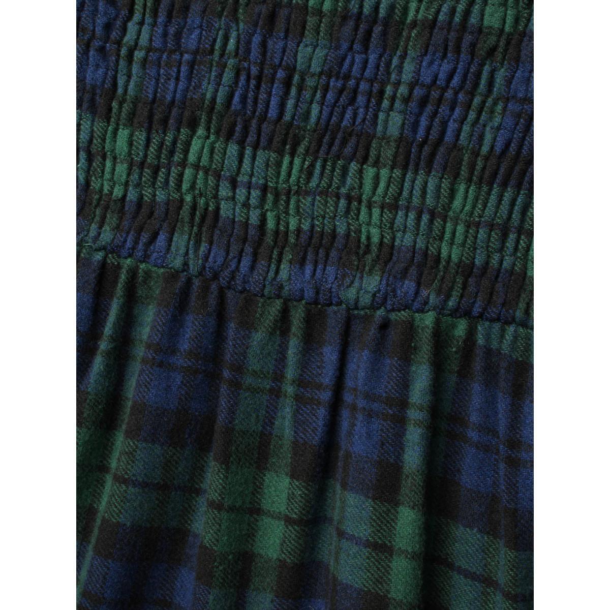 Plus Size Plaid Square Neck Shirred Midi Dress DarkGreen Women Elegant Shirred Square Neck Long Sleeve Curvy BloomChic 30/6X Product Image
