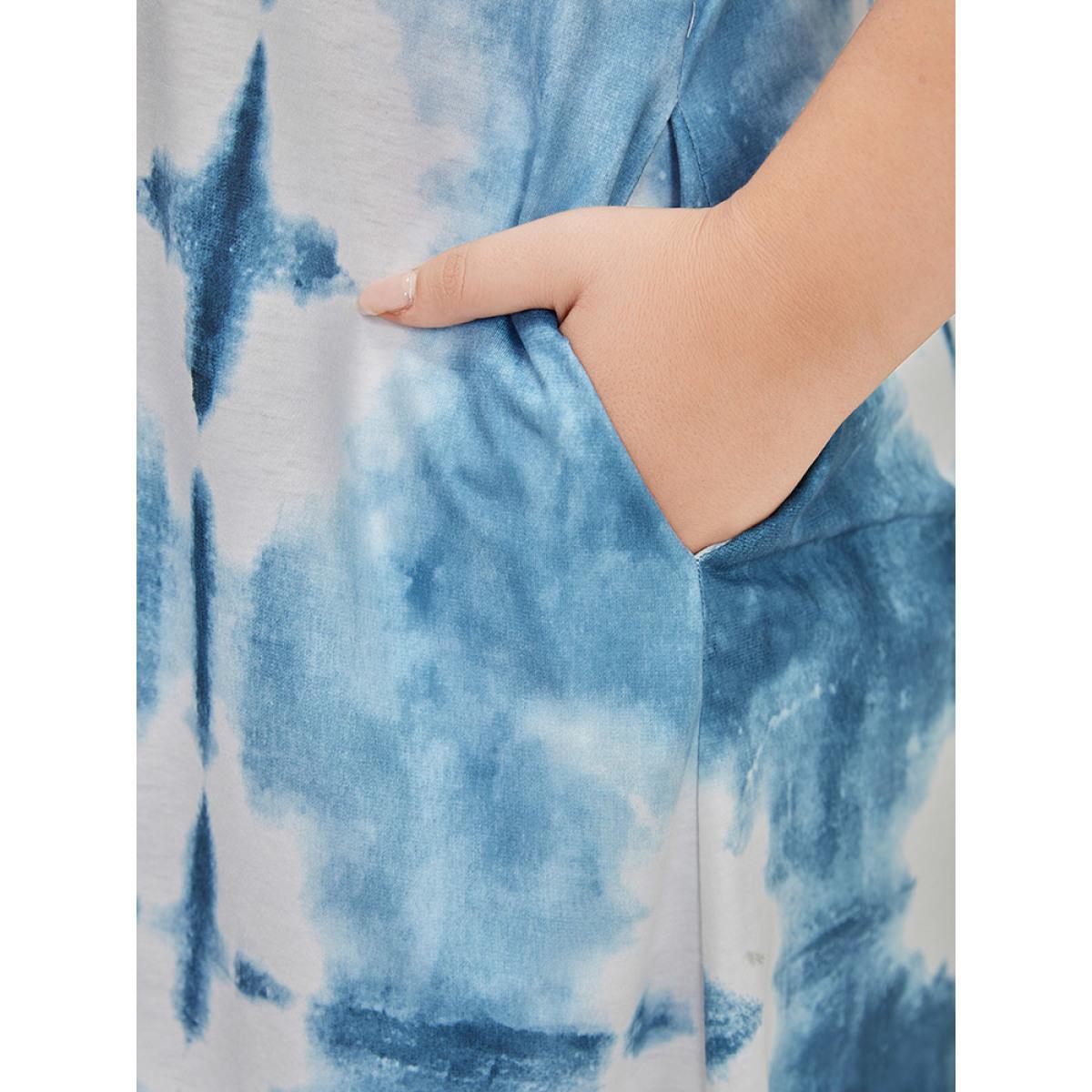 Plus Size Tie Dye Pocket Ruffle Hem Crew Neck Dress Blue Women Casual Printed Round Neck Short sleeve Curvy Midi Dress BloomChic 12/L Product Image