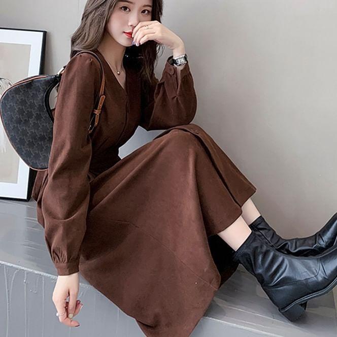 Puff-Sleeve V-Neck Plain Button-Up Midi A-Line Dress Product Image