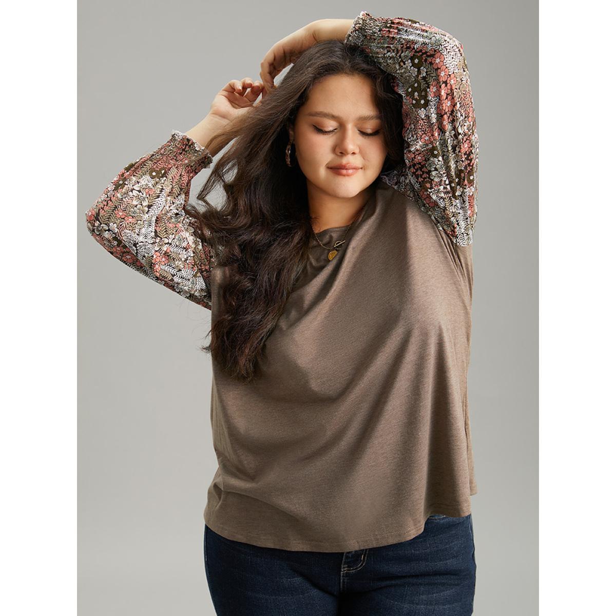 Plus Size Floral Print Shirred Cuffs Ruffle Trim T-shirt LightBrown Women Casual Elastic cuffs Ditsy Floral Round Neck Everyday T-shirts BloomChic 10/M Product Image