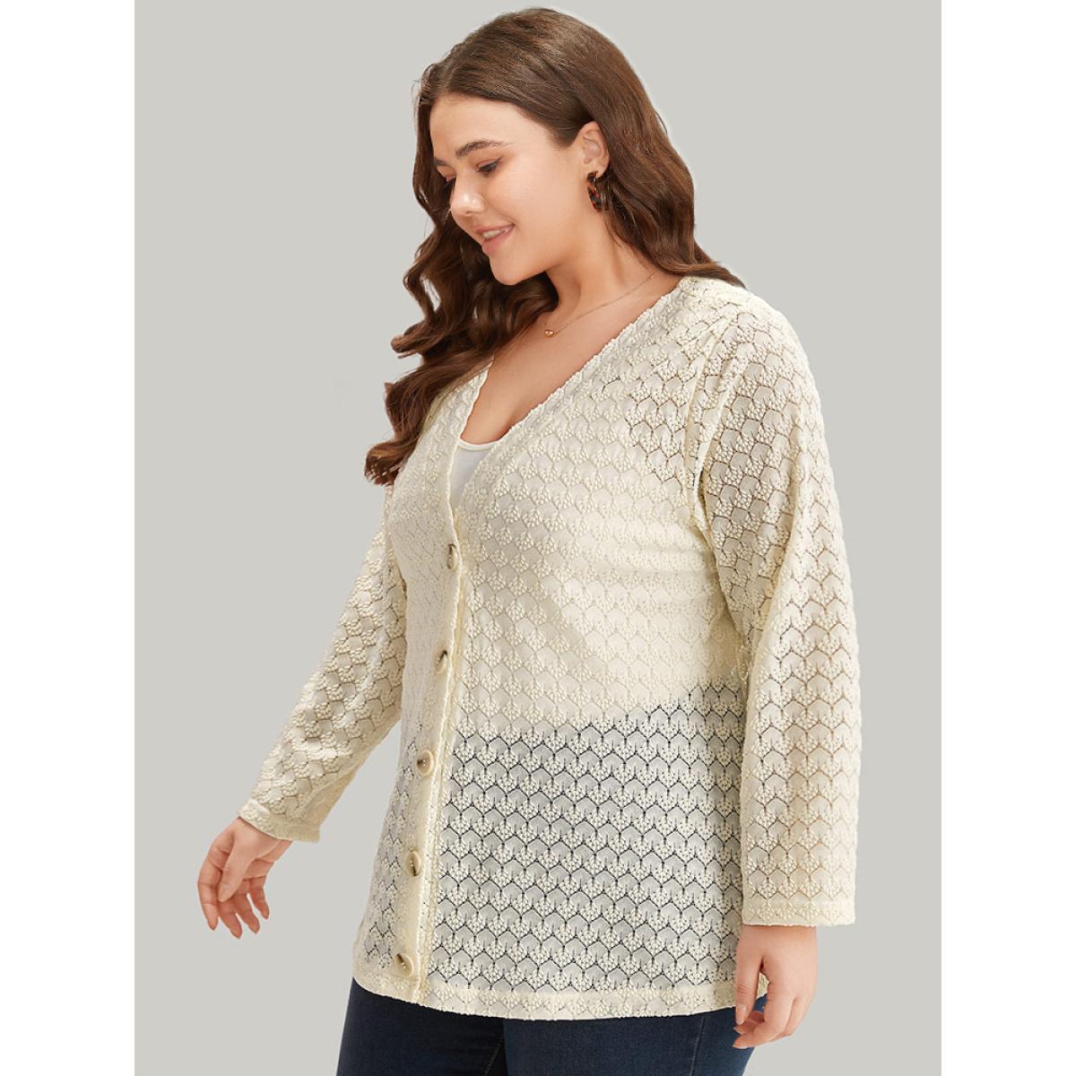 Plus Size Geometric Lace Hollow Out Button Through Jacket Women Beige Casual Plain Ladies Dailywear Winter Coats BloomChic 28/5X Product Image