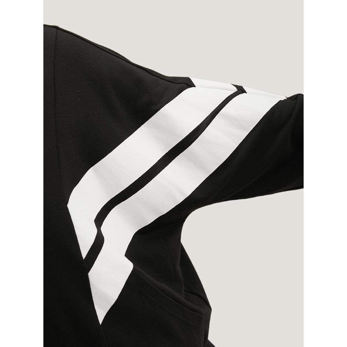 Plus Size Striped Geometric Mock Neck Zipper Jacket Women Black Contrast Everyday Jackets BloomChic 22-24/3X Product Image