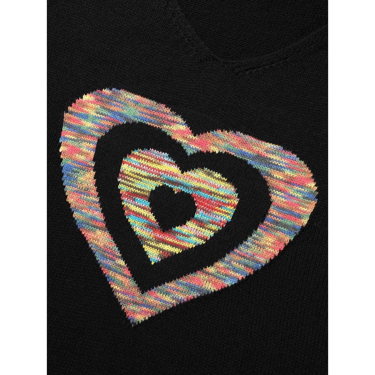 Plus Size Contrast Heart Jacquard Drop Shoulder Pullover Black Women Casual Loose Long Sleeve V-neck Everyday Pullovers BloomChic 30/6X Product Image