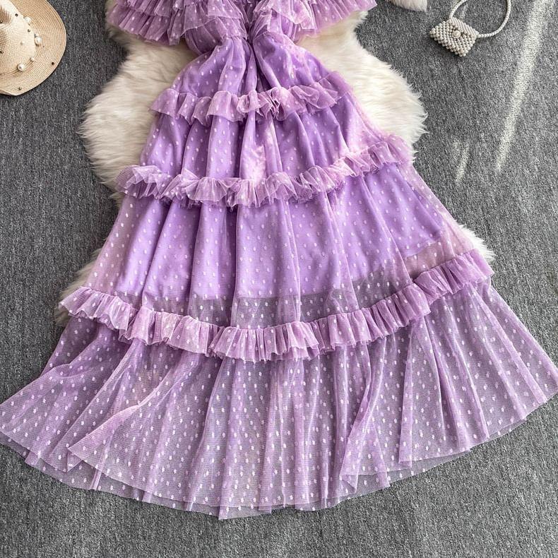 Short-Sleeve Dotted Ruffle Mesh Maxi A-Line Dress Product Image