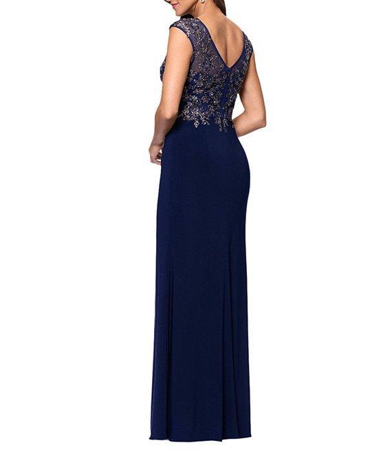 Xscape V-Neck Bead Bodice Front Slit Knit Jersey Sheath Gown Product Image