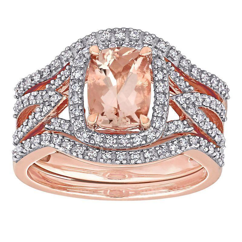 Stella Grace 10k Rose Gold Morganite & 1/3 Carat T.W. Diamond Halo Split Shank Bridal Ring Set, Women's, Size: 8, 10k Rsgold Product Image