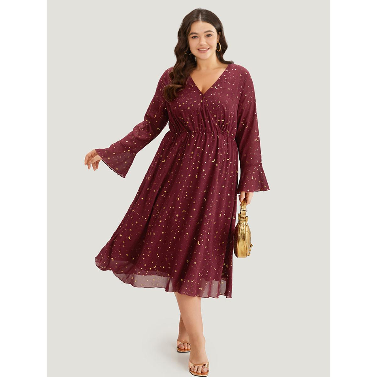 Plus Size Moon & Star Glitter Surplice Neck Bell Sleeve Dress Burgundy Women Party Printed V-neck Long Sleeve Curvy Midi Dress BloomChic 26/4X Product Image
