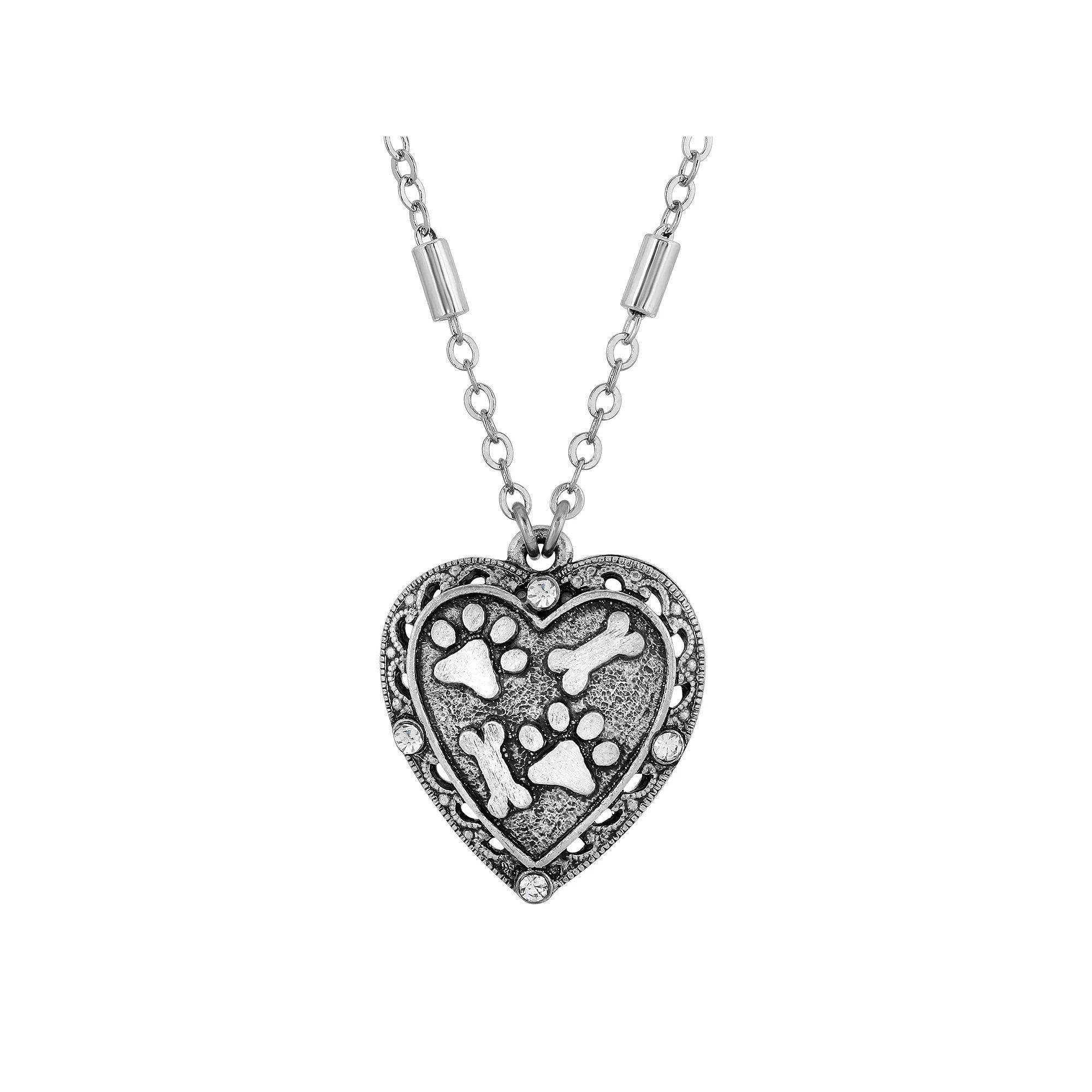 1928 Silver Tone Heart, Paw, & Bones Necklace, Womens Product Image