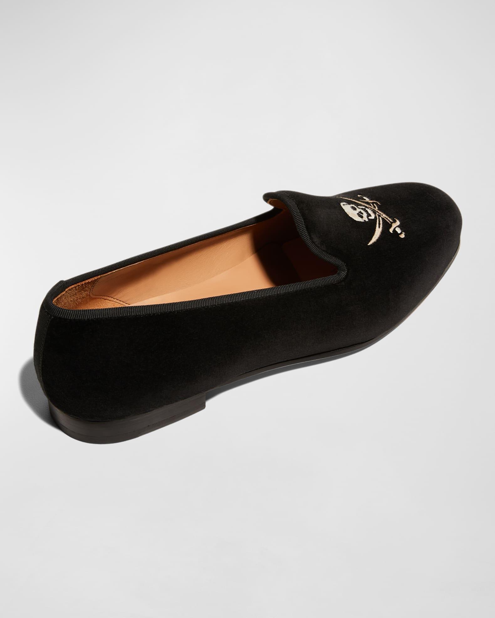 Men's Jolly Roger Skull Embroidered Velvet Smoking Slippers Product Image
