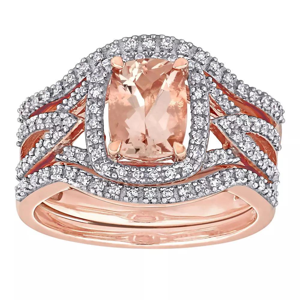Stella Grace 10k Rose Gold Morganite & 1/3 Carat T.W. Diamond Halo Split Shank Bridal Ring Set, Women's, Size: 8, 10k Rsgold Product Image