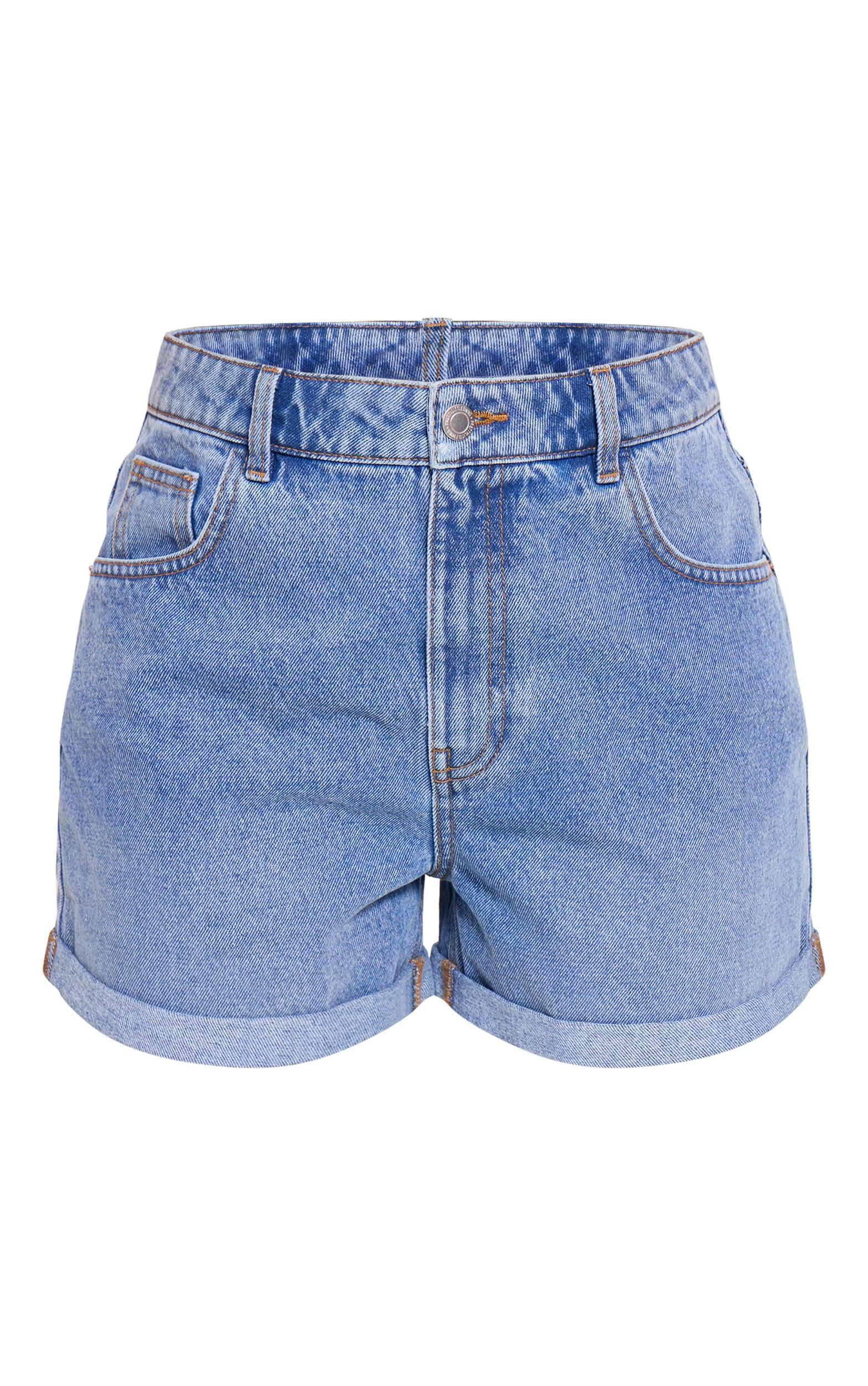 Mid Blue Wash Turn Up Mom Denim Shorts Product Image