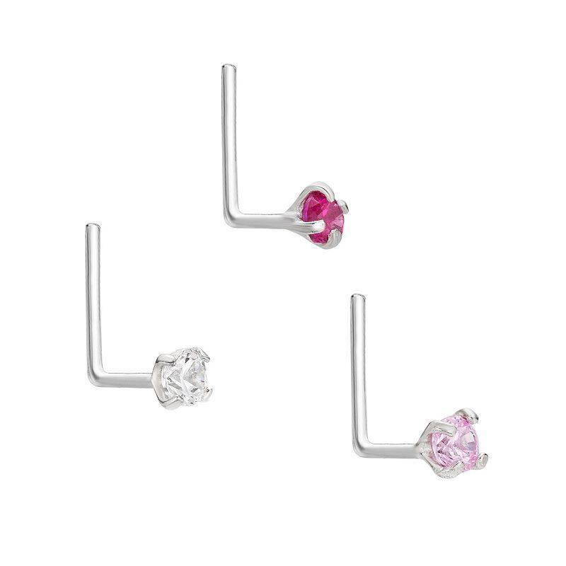 Lila Moon 14k Gold 2 mm Pink Cubic Zirconia L-Shape Nose Stud Set, Women's, 14k Whgold Product Image