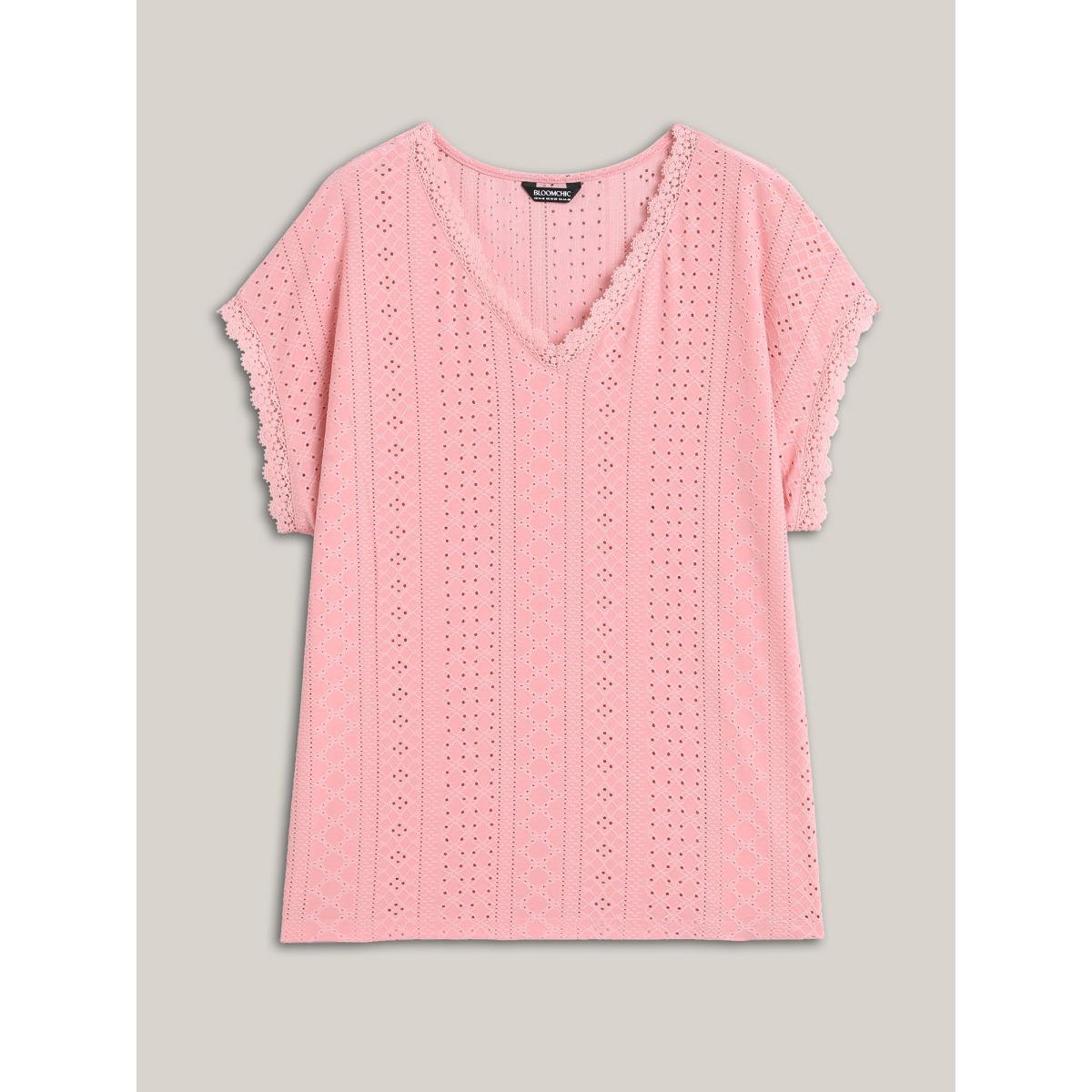 Plus Size Eyelet Textured Lace Detail T-Shirt Blush Women Casual Woven ribbon&lace trim V-neck Everyday T-shirts BloomChic 22-24/3X Product Image