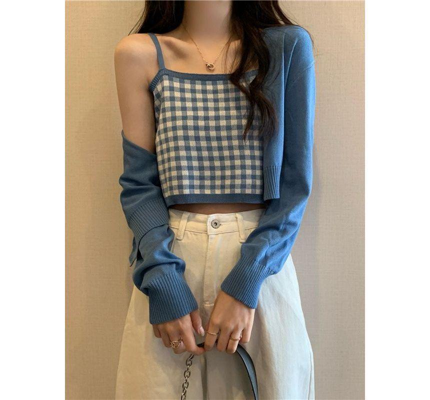 Long-Sleeve Plain Cardigan / Plaid Camisole Top Product Image