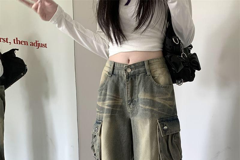 High Rise Washed Wide Leg Cargo Jeans Product Image