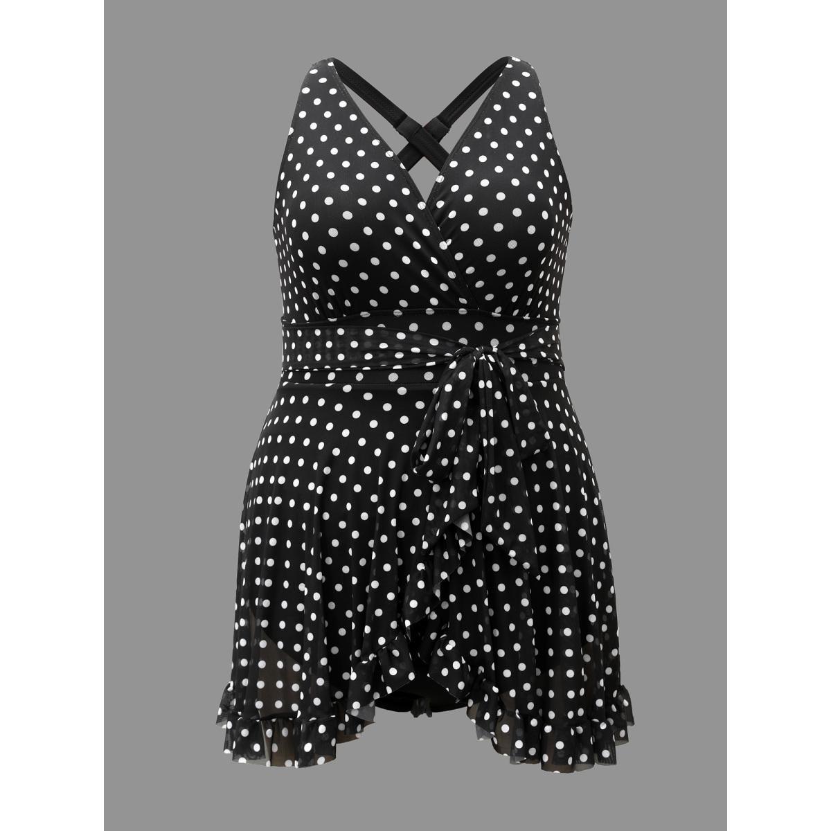 Plus Size Polka Dot Ruffled Hem Belted Swim Dress Women's Swimwear Black Beach Bodycon Overlap Collar High stretch Curve Swim Dresses BloomChic 28/5X Product Image