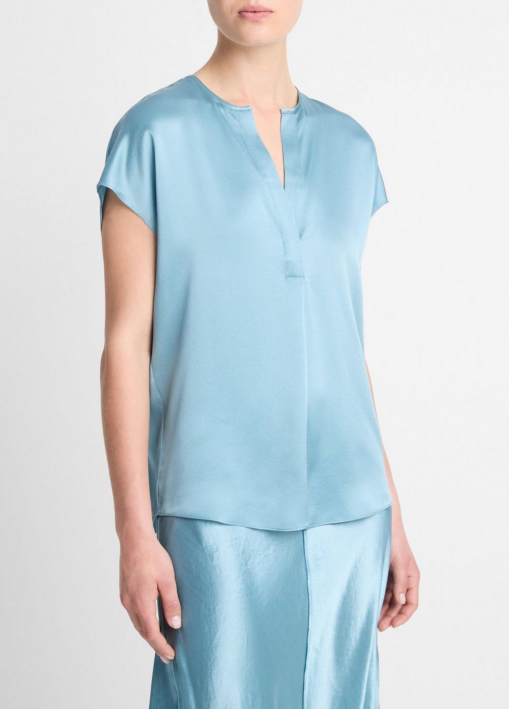 Womens Silk Cap-Sleeve Half-placket Blouse, Jade Sea, Size XS Vince Product Image