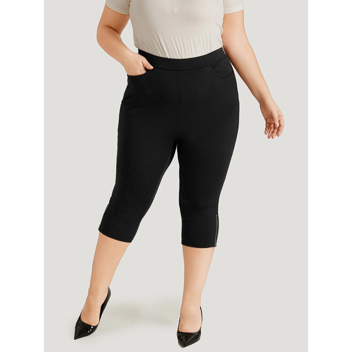 Plus Size Plain Skinny Pocket Zipper Cropped Pants Women Black Office Bodycon High Rise Work Pants BloomChic 12/L Product Image