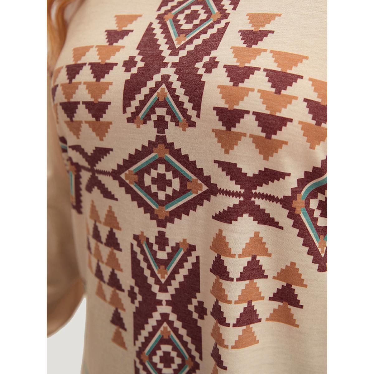Plus Size Boho Print Crew Neck Curved Hem T-shirt Apricot Women Casual Printed Bohemian Print Round Neck Dailywear T-shirts BloomChic 30/6X Product Image