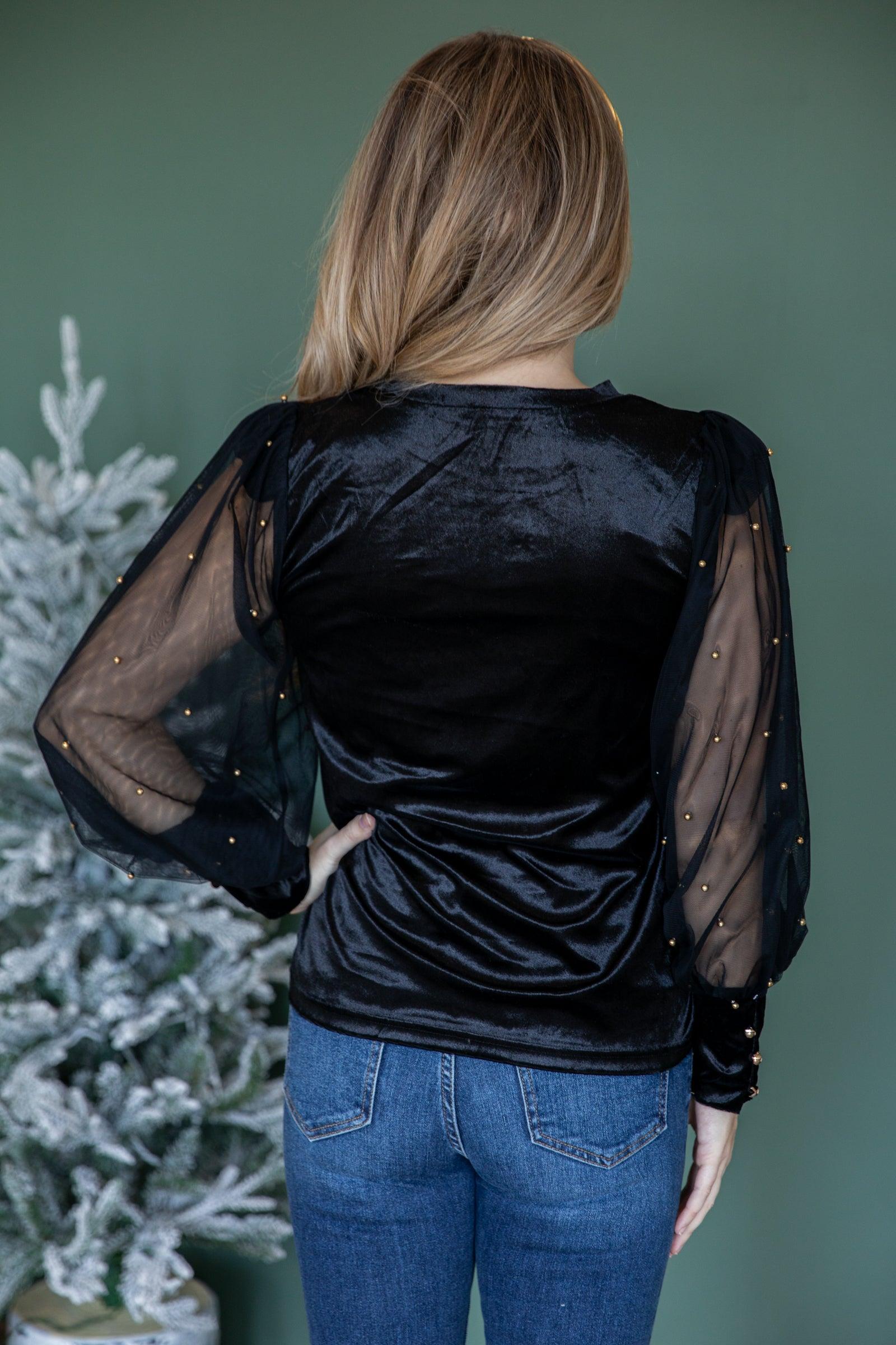 Black Top With Mesh Balloon Sleeves Product Image