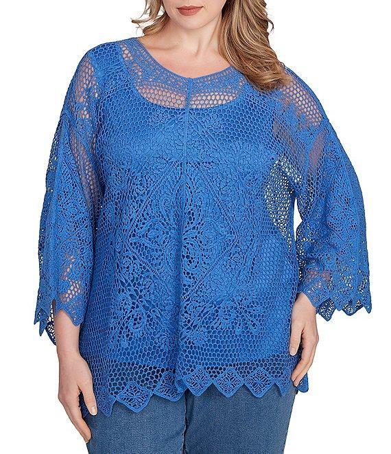 Ruby Rd. Plus Size Crochet Medallion Floral Pattern Scoop Neck 3/4 Wide Flared Sleeve Top Product Image