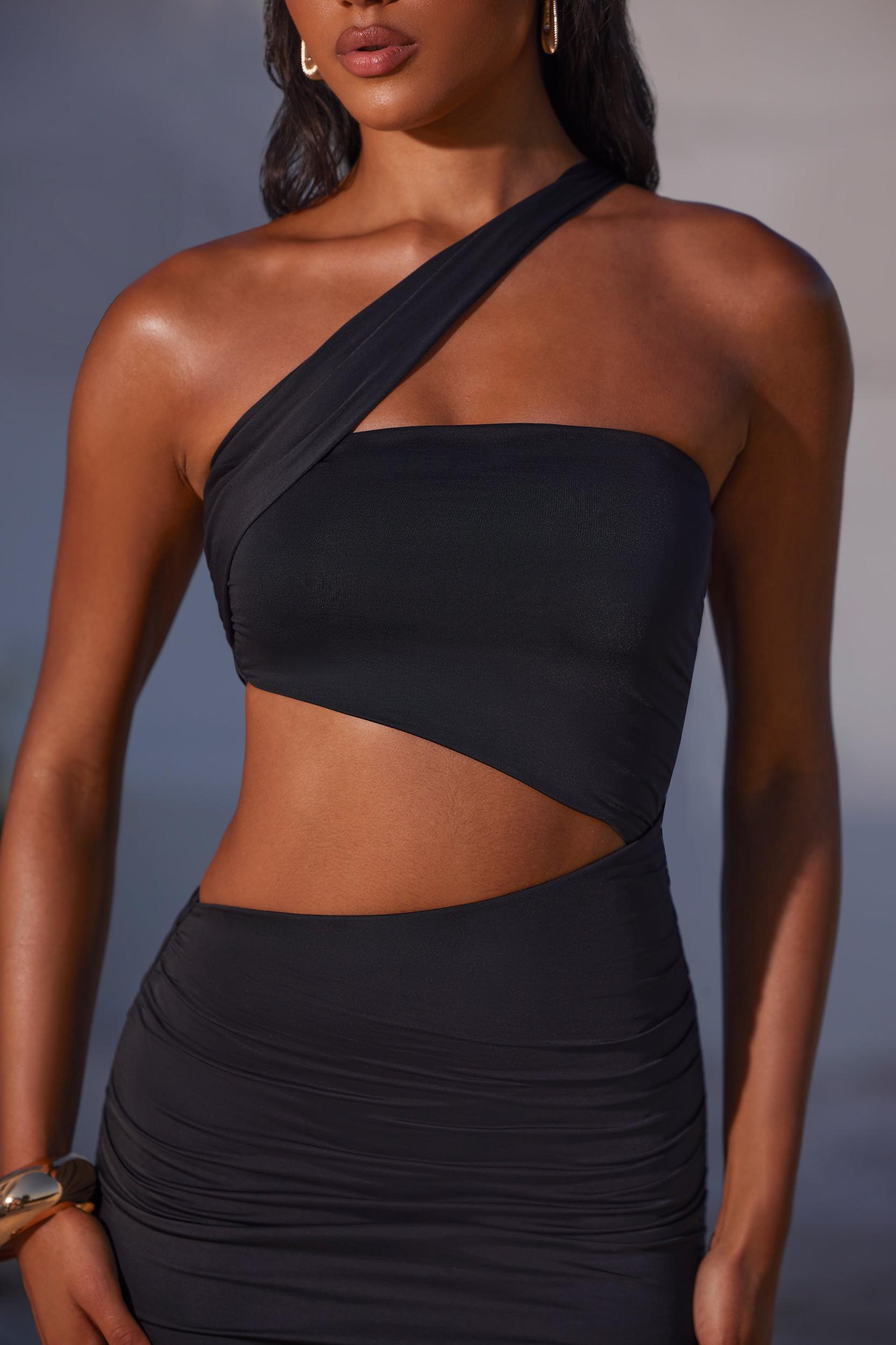 Asymmetric Neckline Ruched Cut Out Maxi Dress in Black Product Image