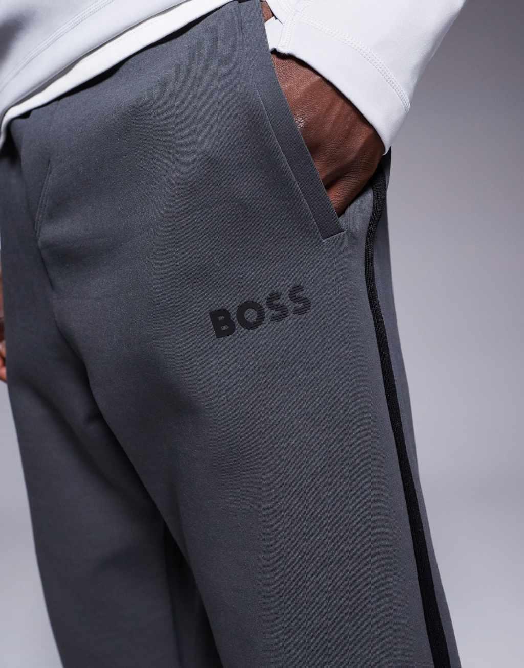 BOSS Green Hadiko Tape cuffed sweatpants regular fit in dark gray Product Image