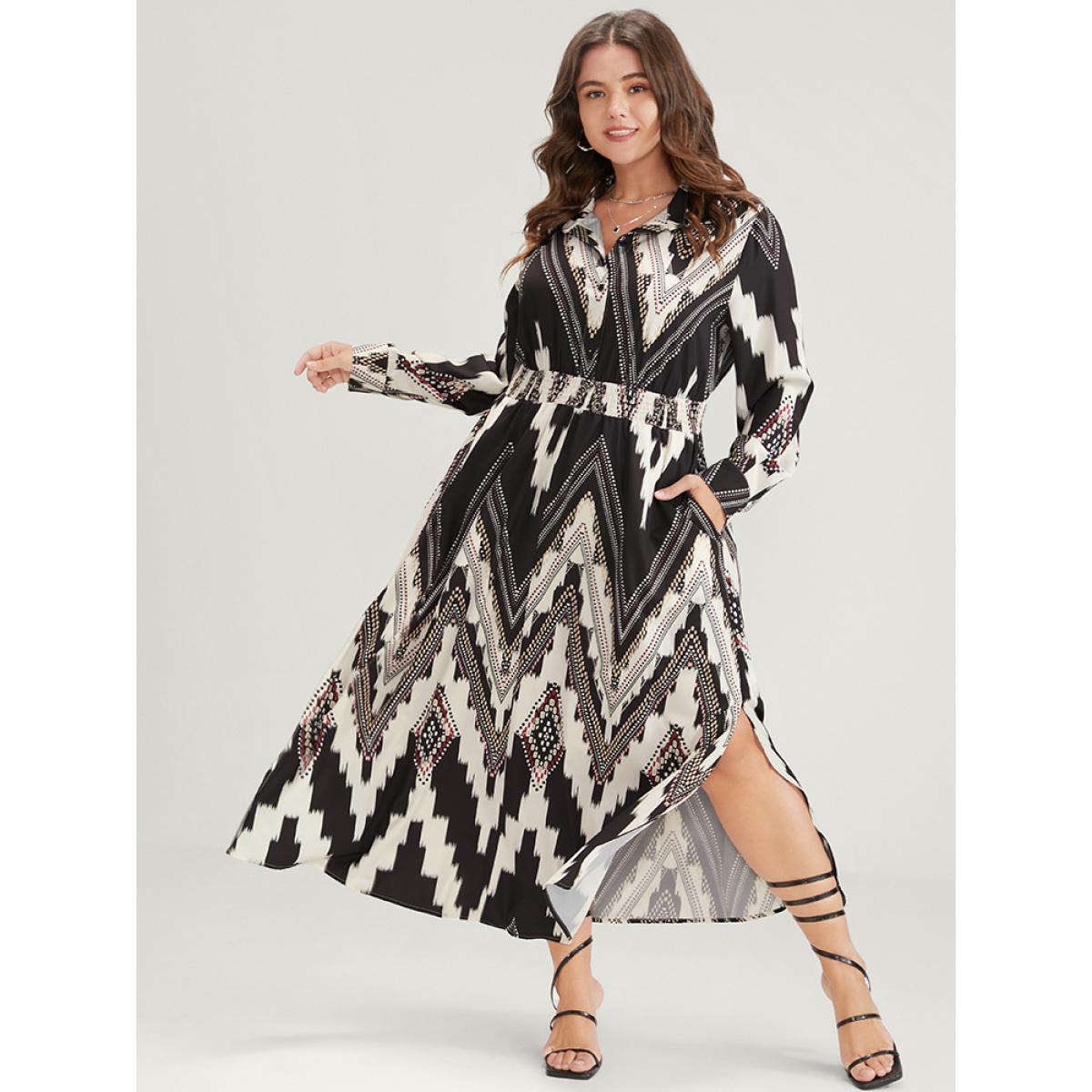 Plus Size Geometric Shirt Collar Pocket Button Up Shirred Dress Black Women Elegant Printed Shirt collar Long Sleeve Curvy Long Dress BloomChic 14-16/1X Product Image