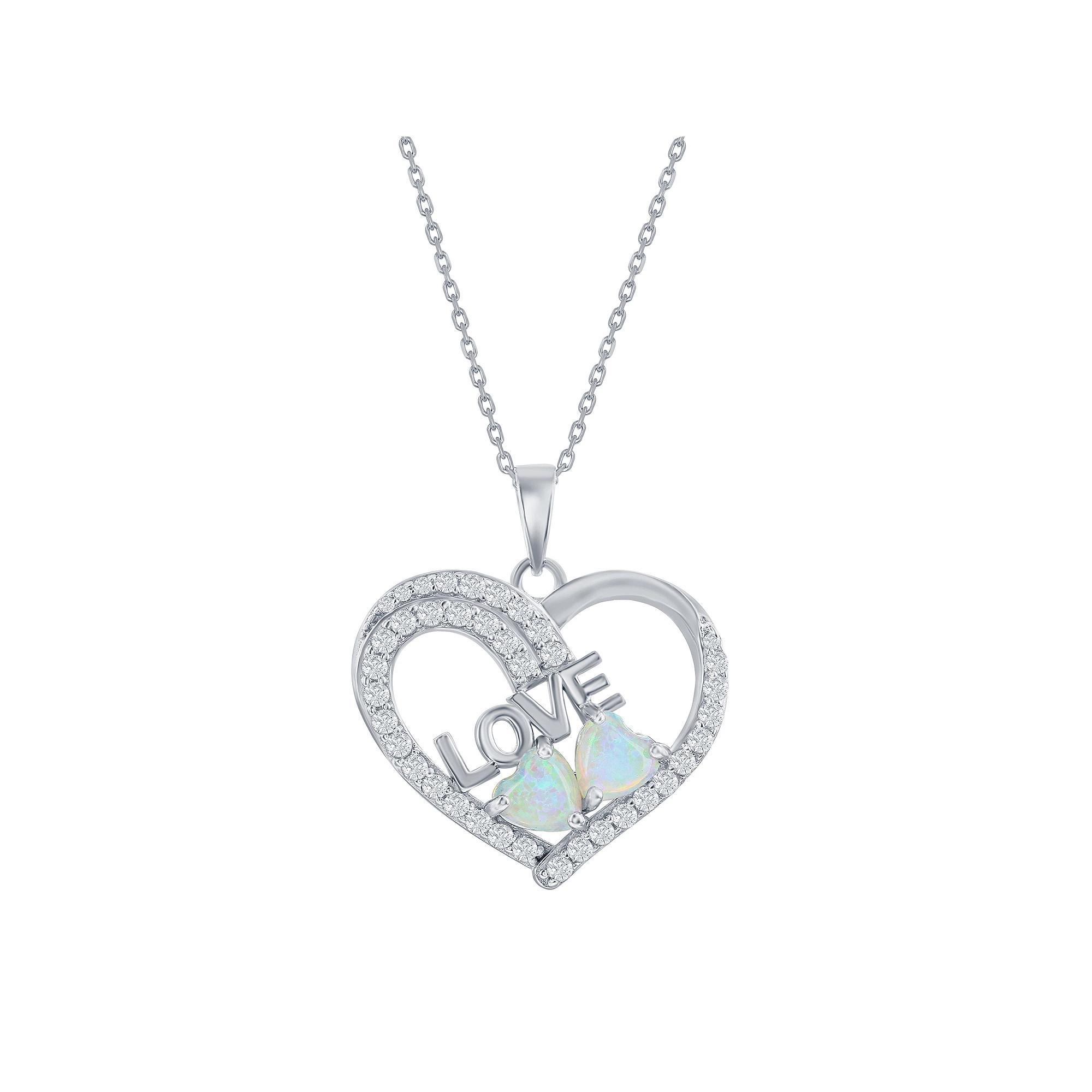 Sterling Silver Opal & Cubic Zirconia Heart Love Pendant Necklace, Womens White Product Image