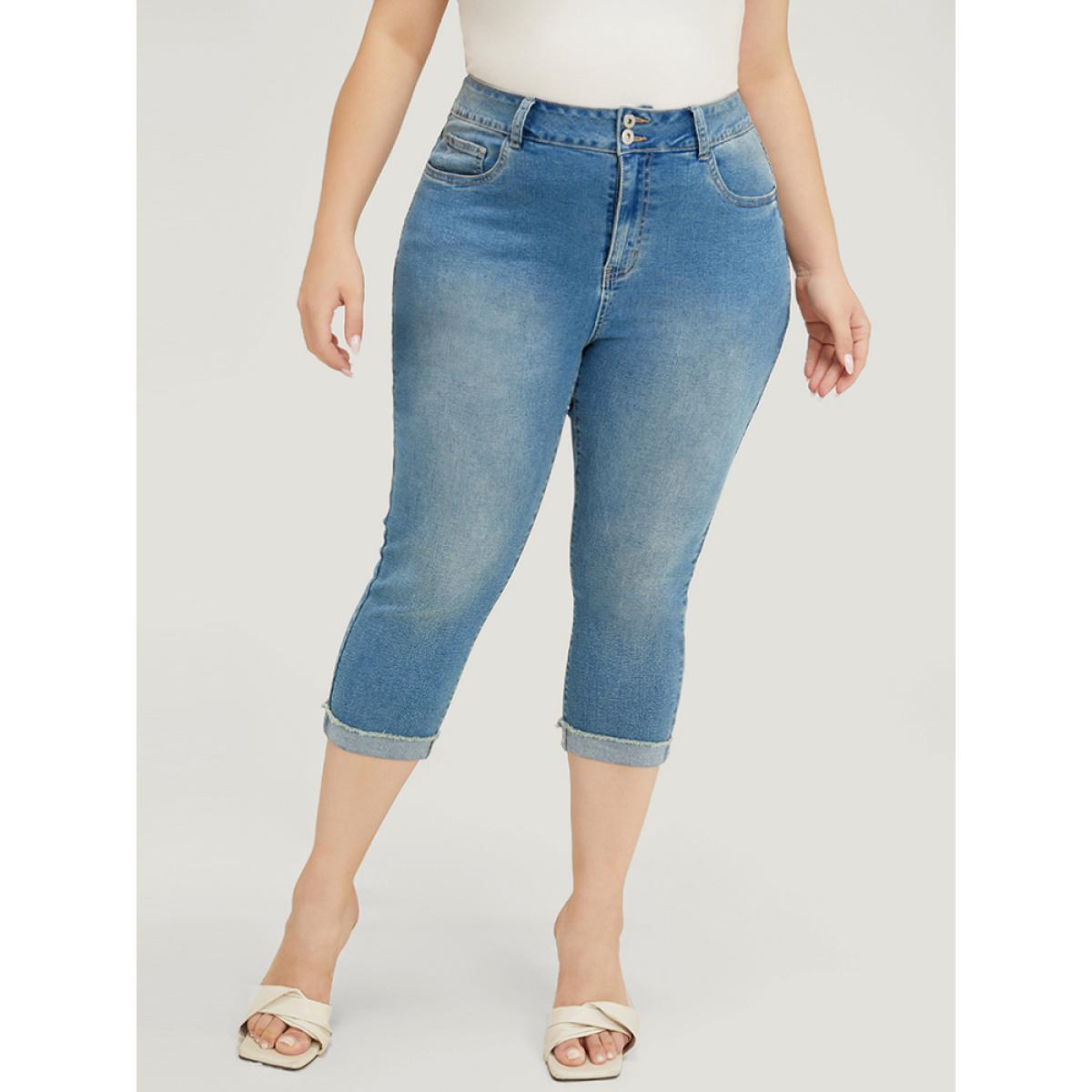 Plus Size Very Stretchy High Rise Medium Wash Roll Hem Cropped Jeans Women Cerulean Casual Plain High stretch Pocket Jeans BloomChic 12/L Product Image