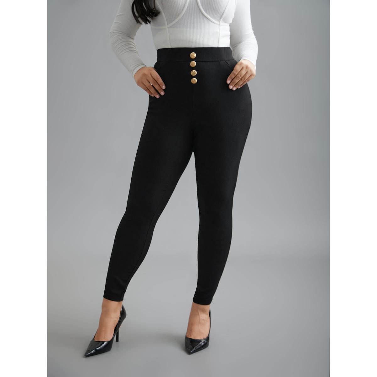 Plus Size Plain Button Detail Skinny Fit Pants Women Black Elegant Skinny Mid Rise Everyday Pants BloomChic 14-16/1X Product Image