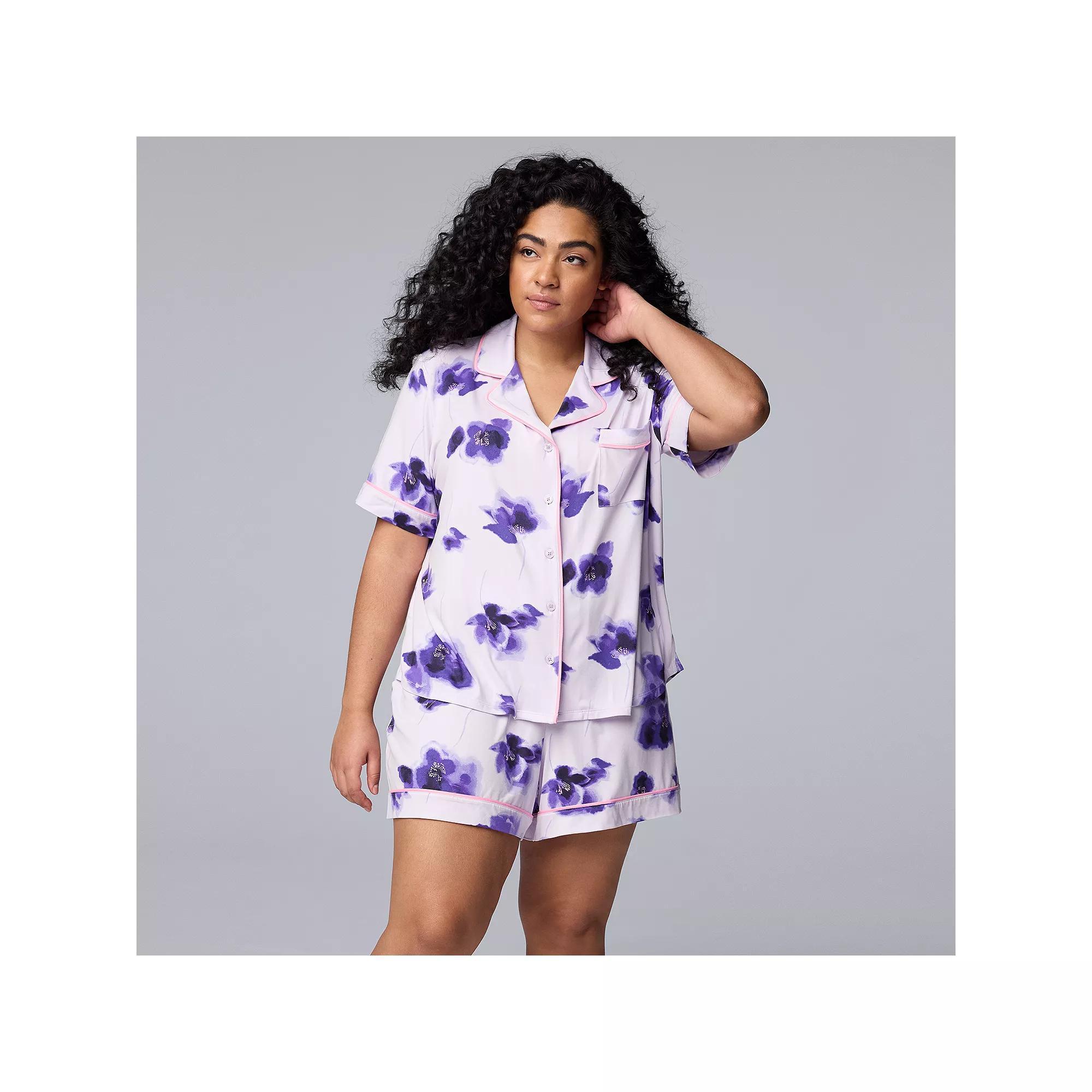 Plus Size Simply Vera Vera Wang Cozy Short Sleeve Notch Collar Pajama Top & Boxer Pajama Shorts Set, Women's, Size: 2XL, Purple Floral Product Image