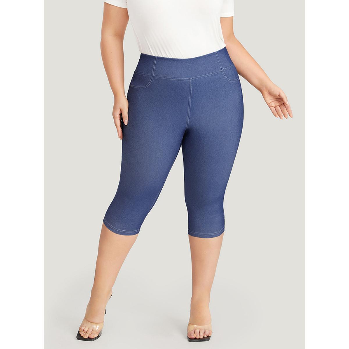 Plus Size Solid Stitch Wideband Waist High Rise Leggings Women Blue Casual High stretch Skinny High Rise Dailywear Leggings BloomChic 28/5X Product Image