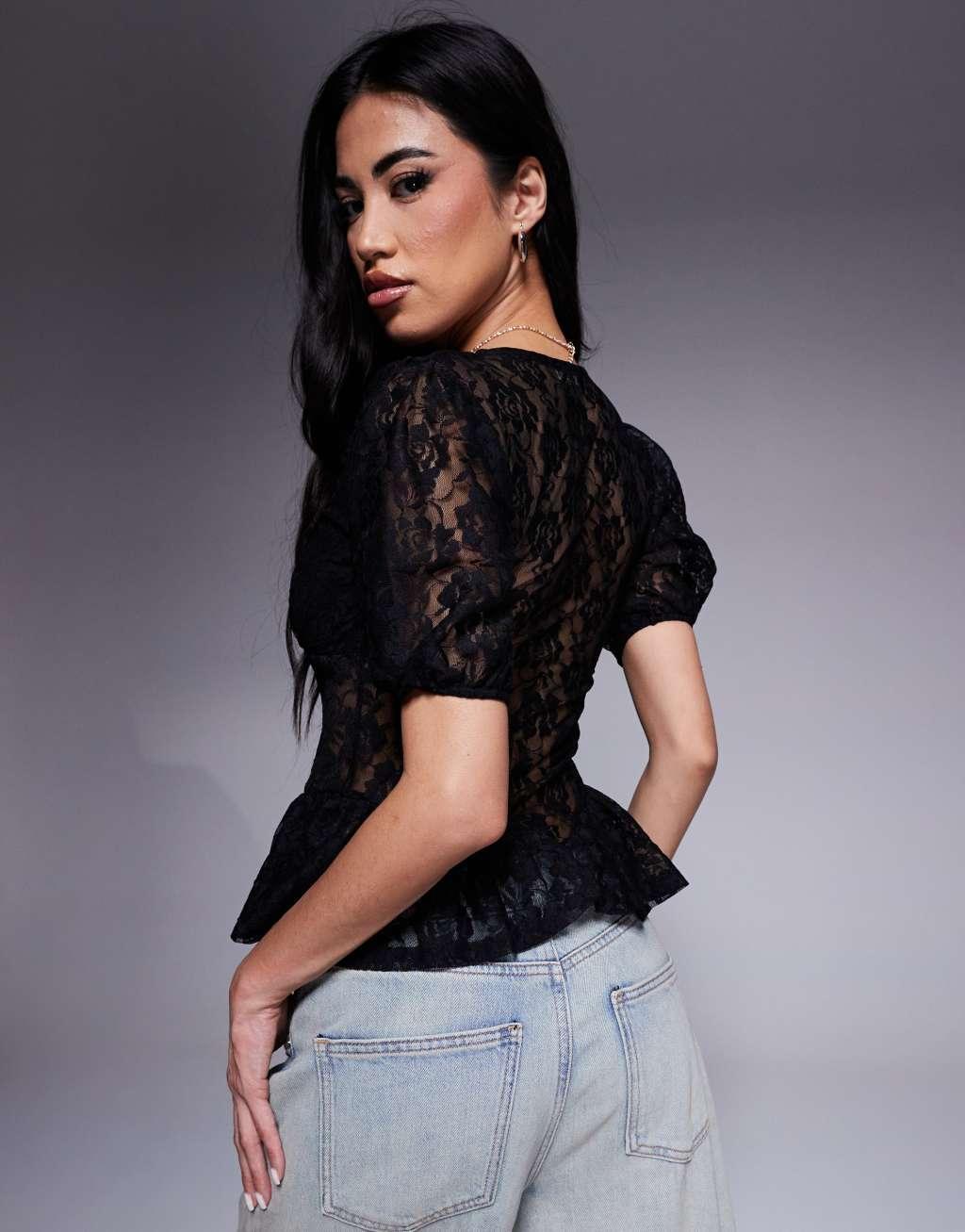 ASOS DESIGN lace puff sleeve seam detail top in black Product Image